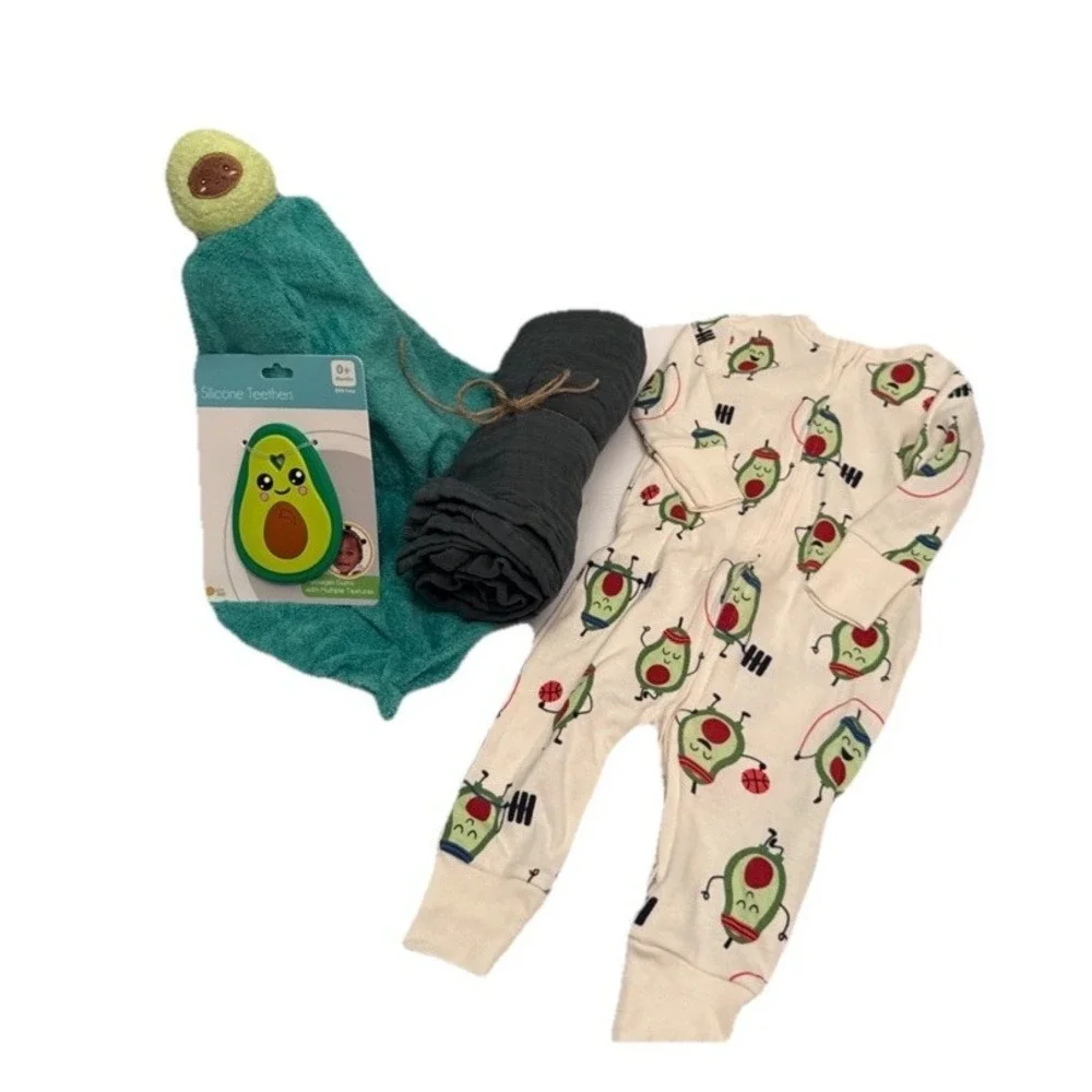 Unisex Baby Shower Newborn Avocado Theme Present, PJ's, Lovey, Blanket & Teether